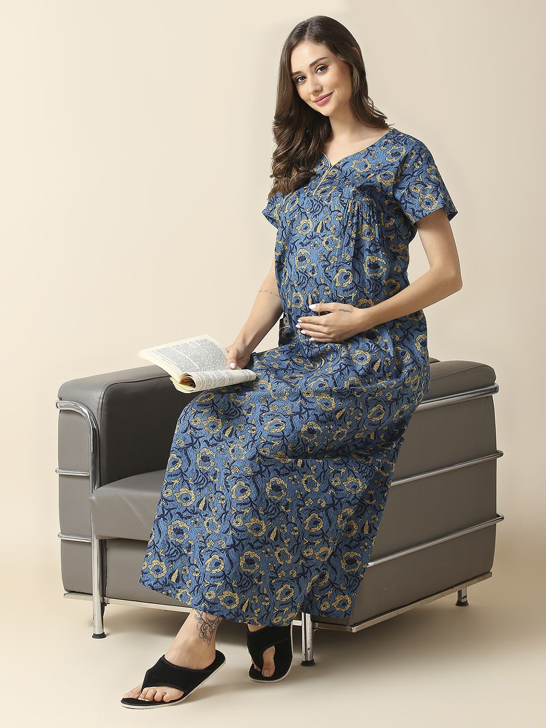 

MomToBe Women Floral Printed Maxi Nightdress, Blue