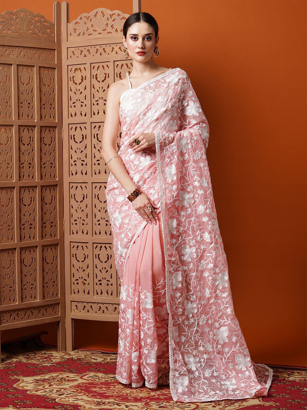 

KALINI Floral Embroidered Organza Saree, Pink