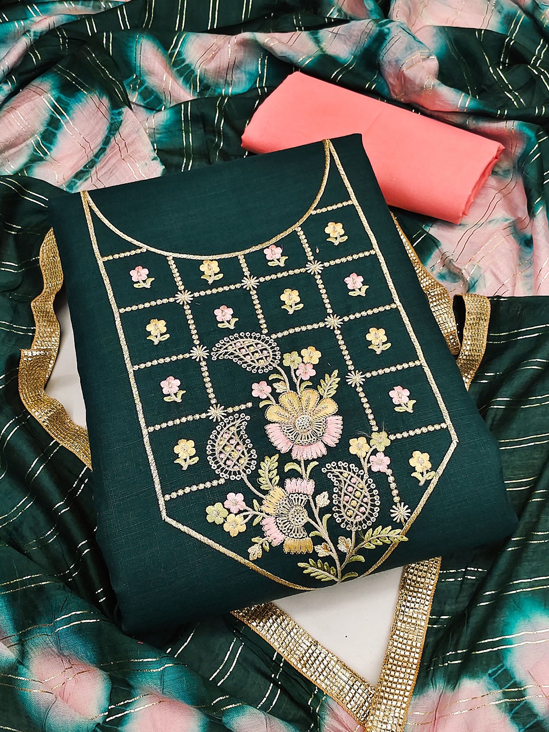 

Ishin Embroidered Thread Work Pure Cotton Unstitched Dress Material, Green