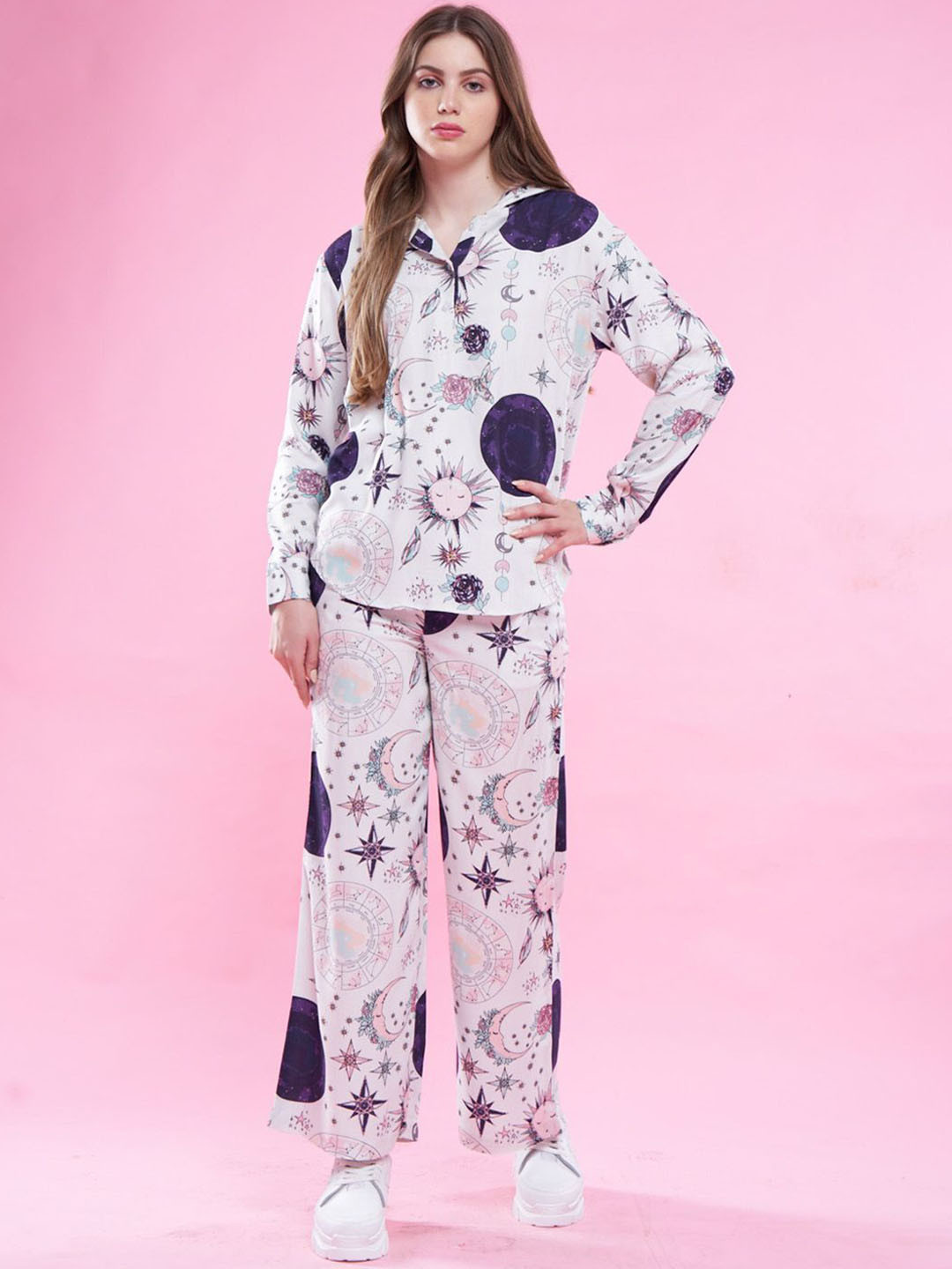 

July Printed Shirt With Trousers Co ords, White