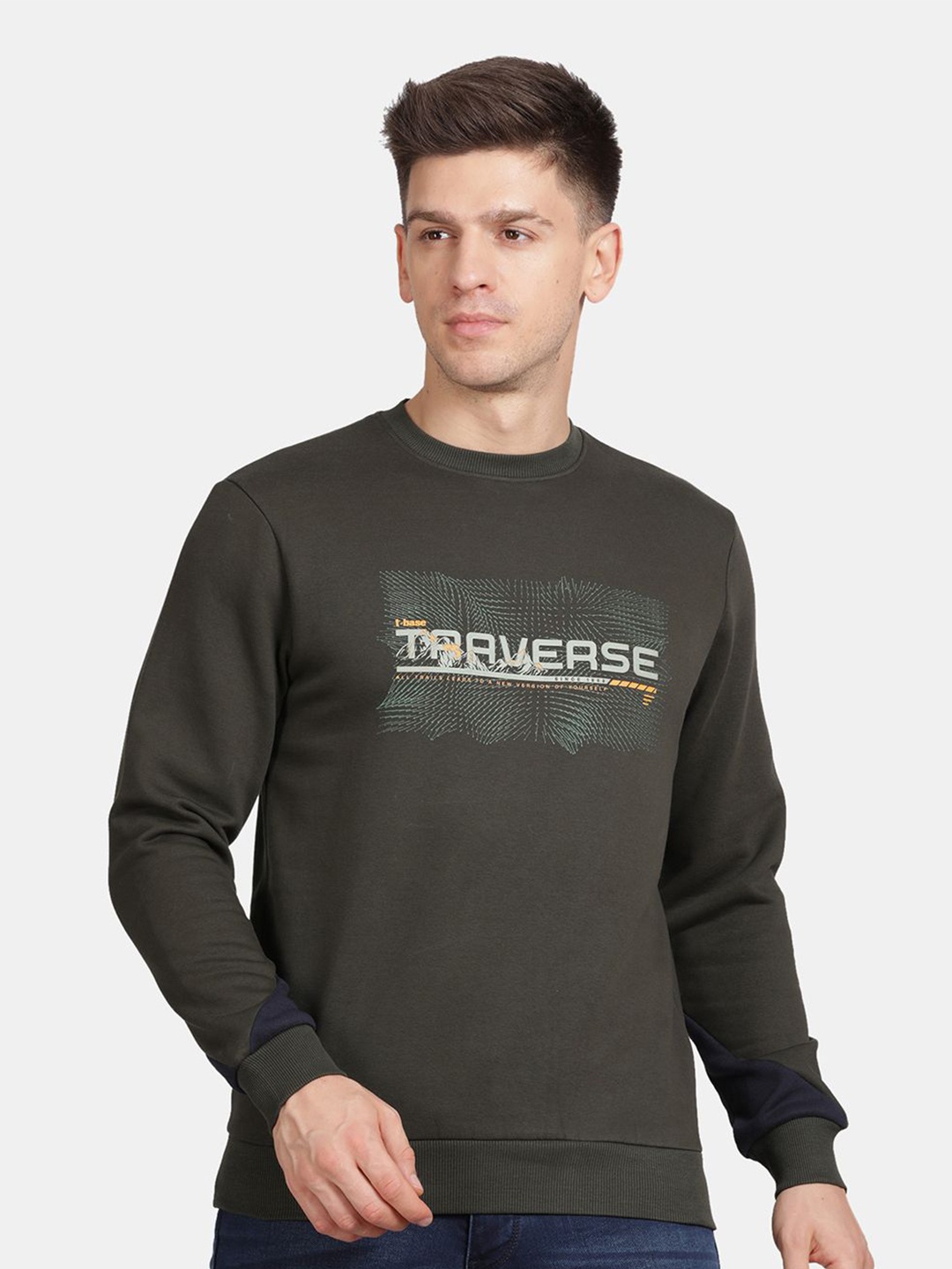 

t-base Men Typography Printed Sweatshirt, Olive