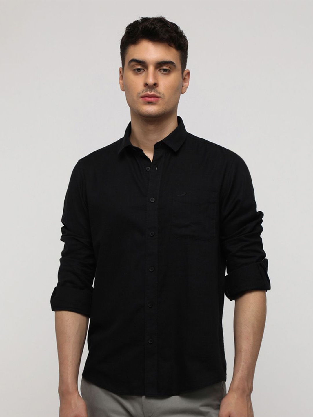 

Crocodile Spread Collar Comfort Cotton Casual Shirt, Black