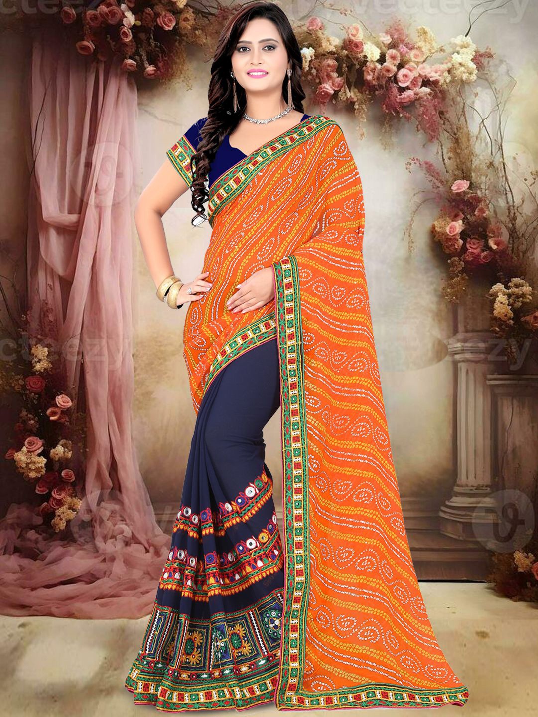 

KAVINDI Bandhani Embroidered Pure Georgette Half and Half Bandhani Saree, Orange