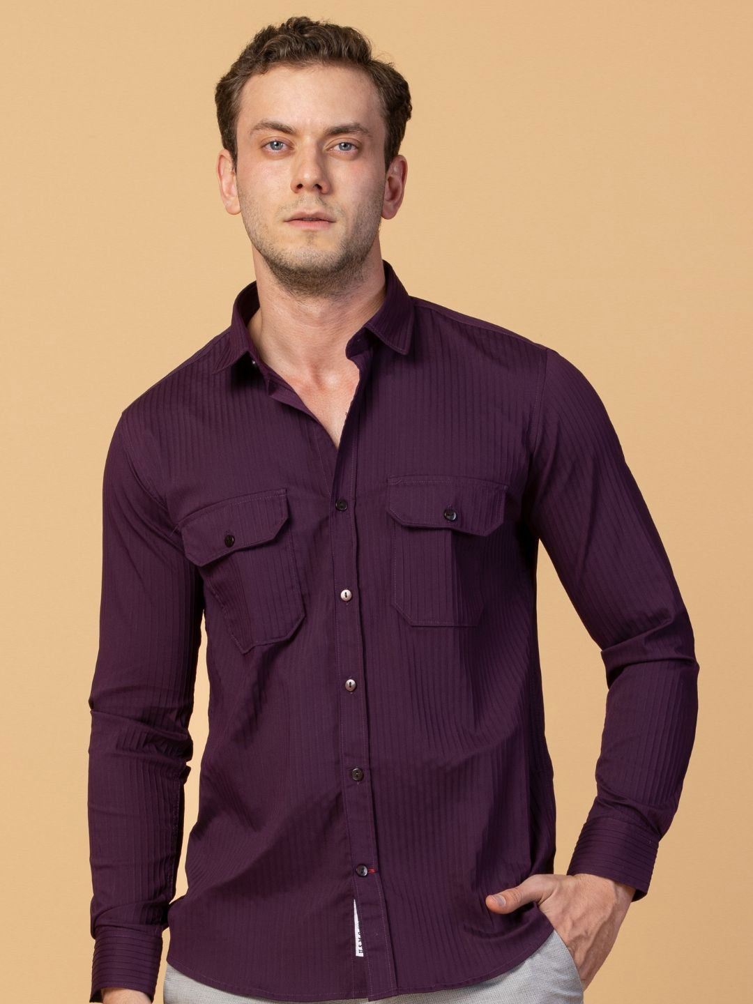 

USMC Men Smart Slim Fit Opaque Casual Shirt, Magenta