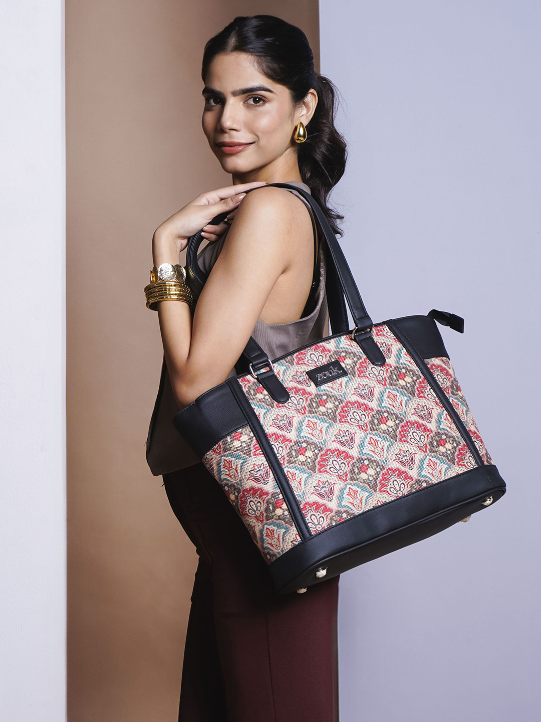 

ZOUK Ethnic Motifs Printed Structured Tote Bag, Multi