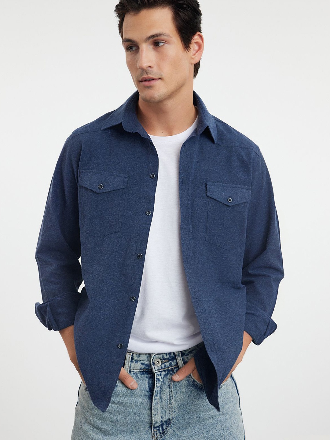 

Trendyol Men Spread Collar Solid Cotton Casual Shirt, Na