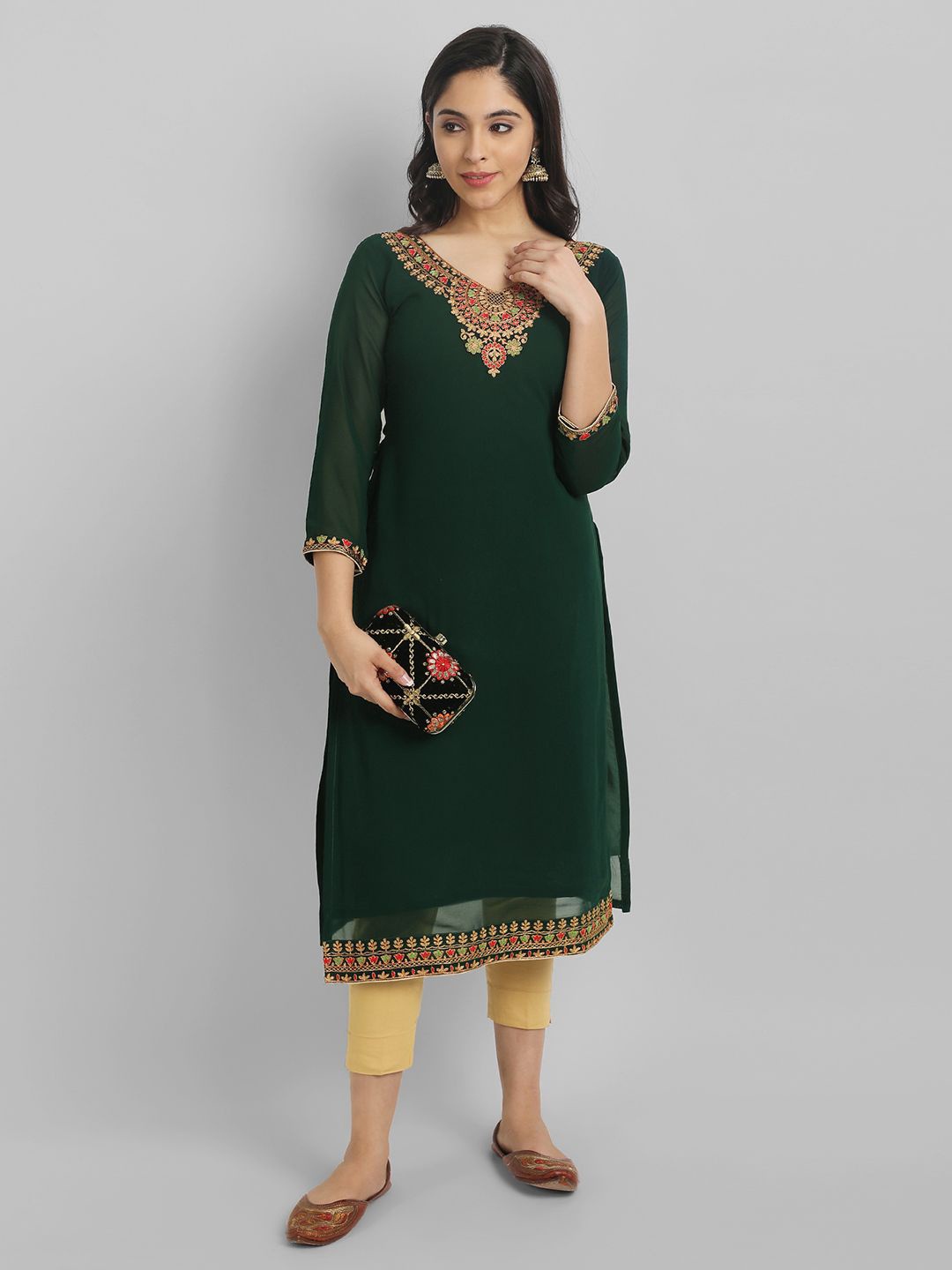 

Vastani Enterprise Ethnic Motifs Yoke Design Thread Work Georgette Kurta, Green