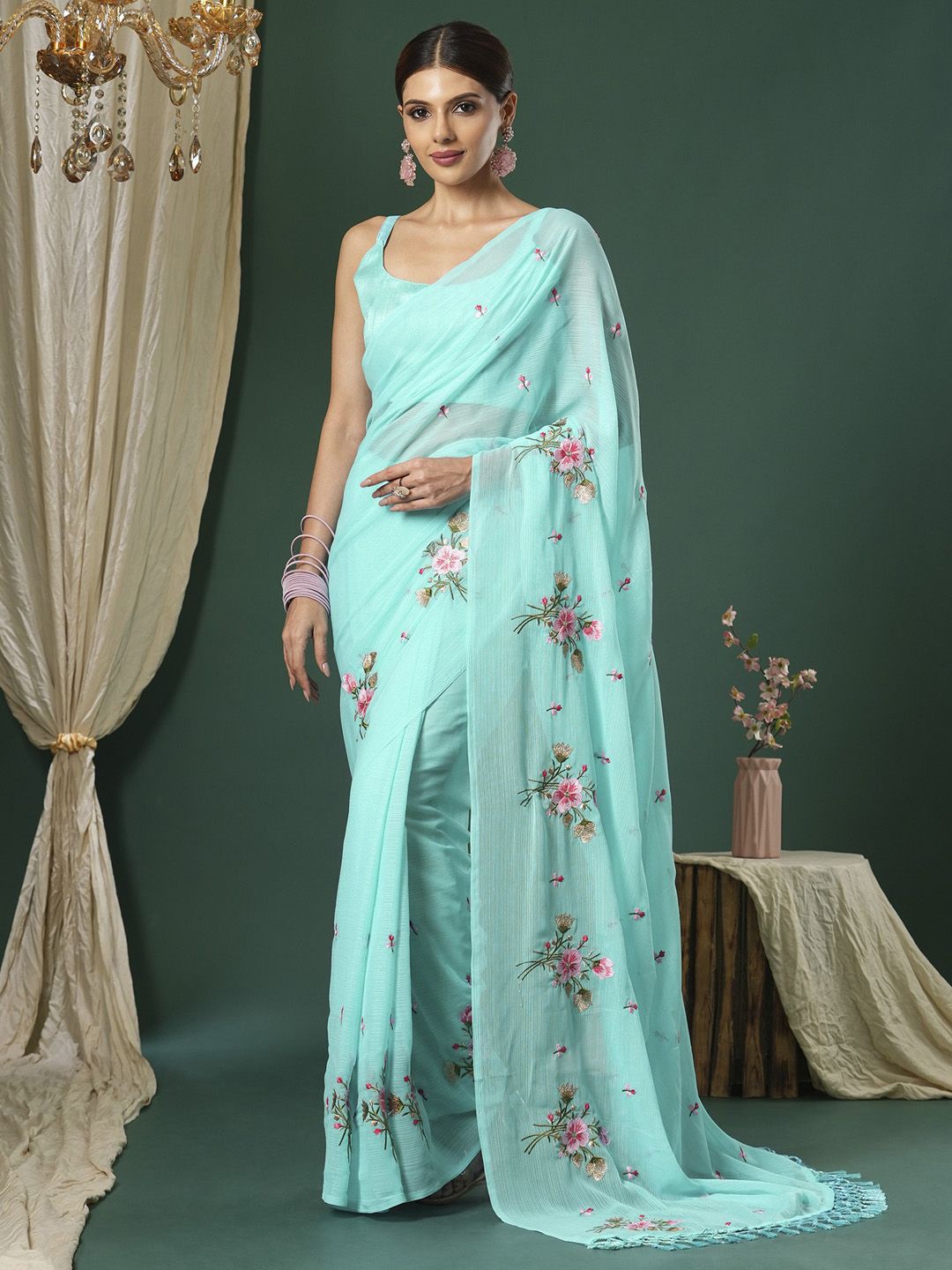 

KALINI Floral Embroidered Poly Chiffon Saree, Blue