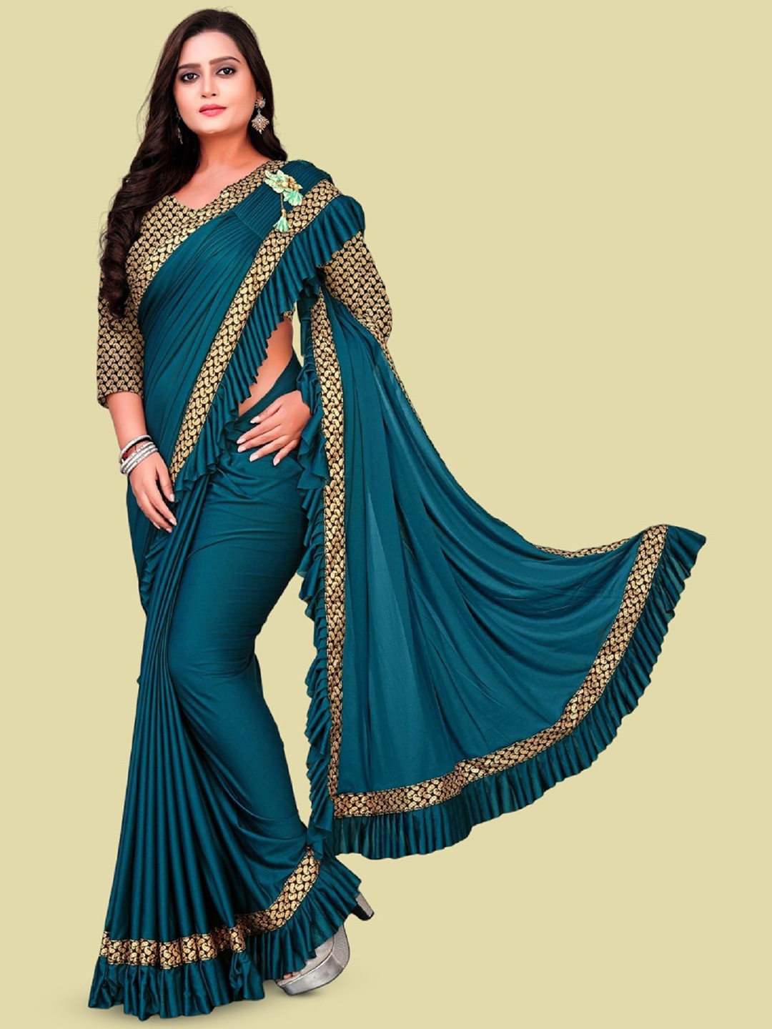 

Aika Women's Lycra Plain Zari Saree, Turquoise blue