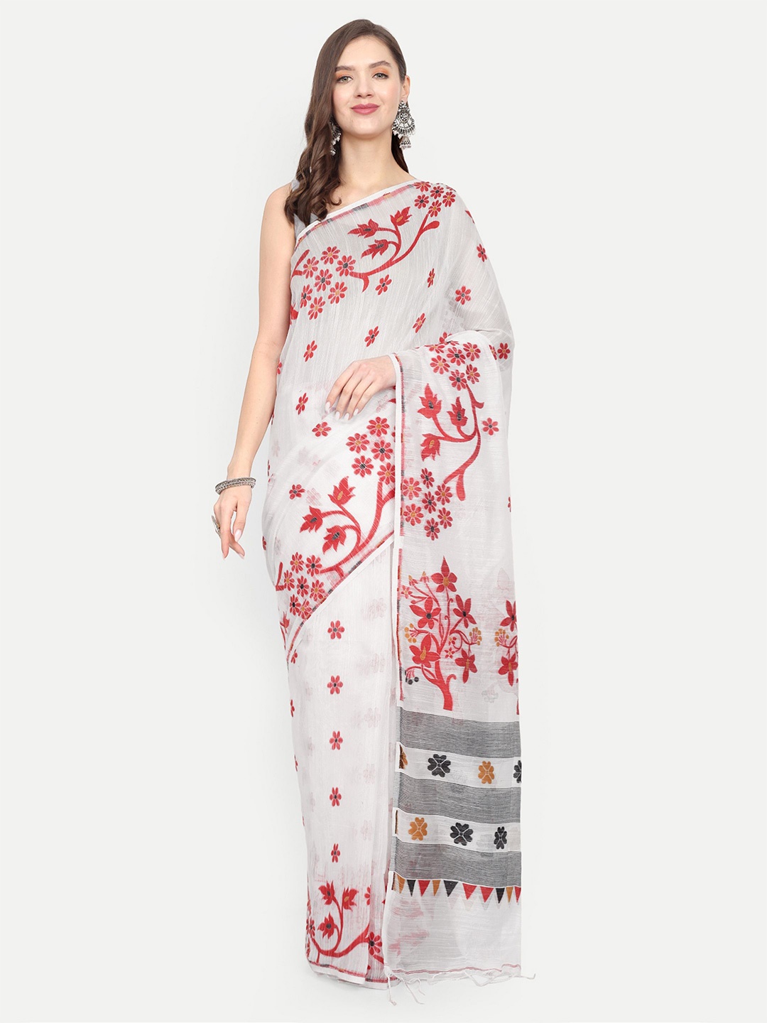 

BENGAL HANDLOOM Floral woven design Taant Saree, White