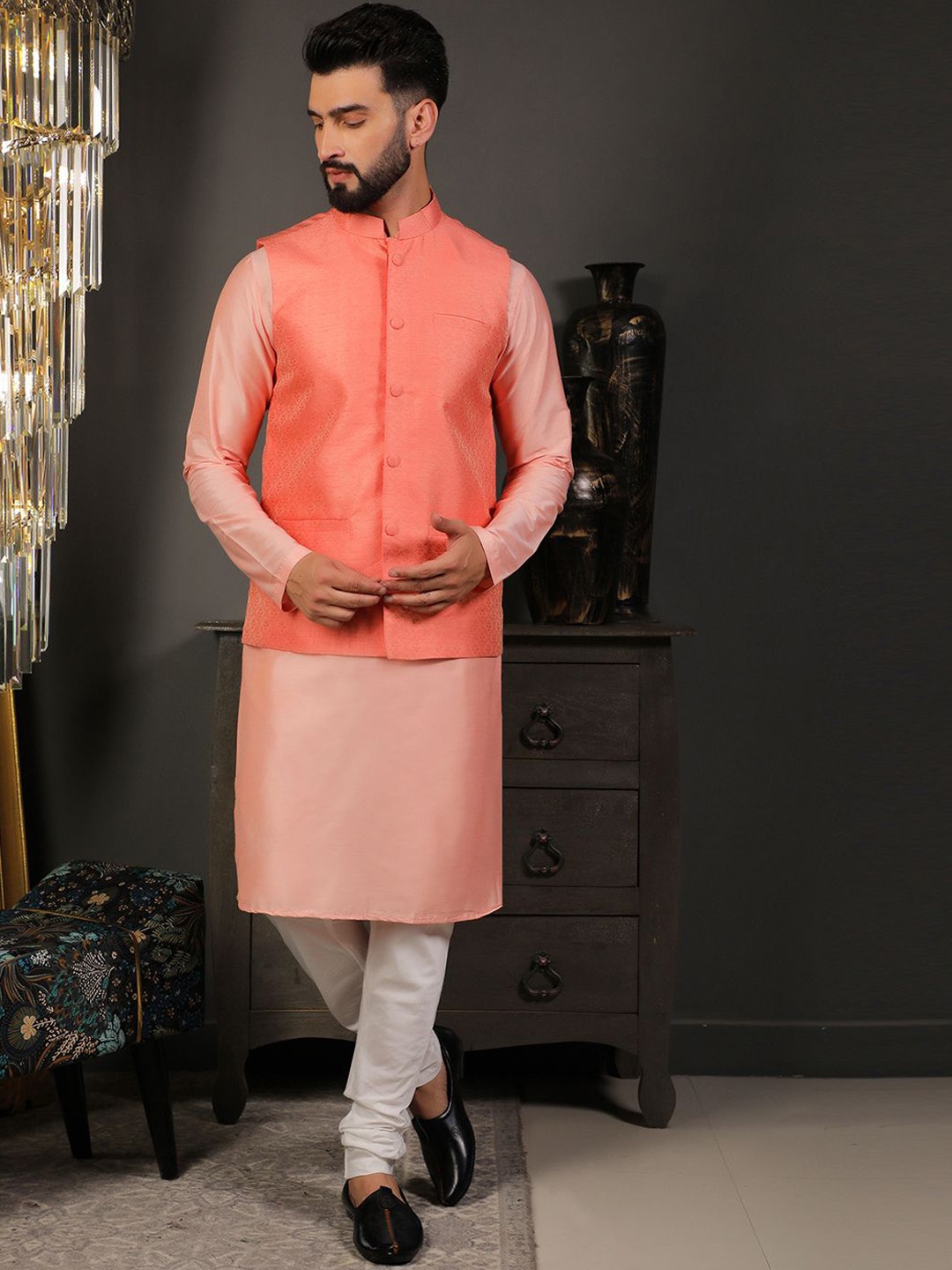 

DEYANN Mandarin Collar Jacquard Weave Cotton Silk Kurta with Churidar & Nehru jacket, Peach