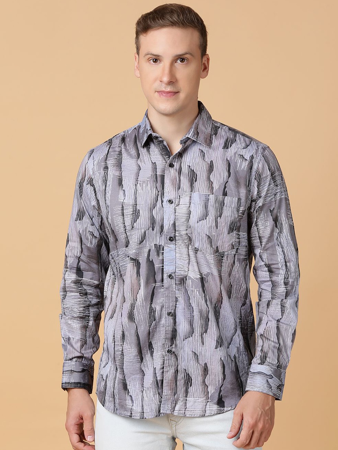 

TABARD Men Spread Collar Abstract Printed Cotton Casual Shirt, Grey