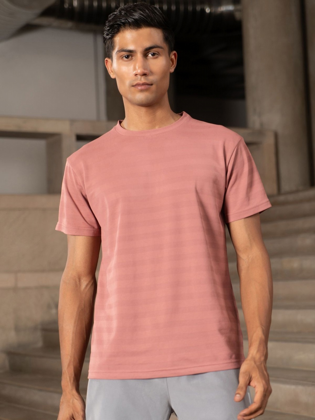 

Fit Monkey Men Dri-FIT Solid Striped Round Neck T-shirt, Pink