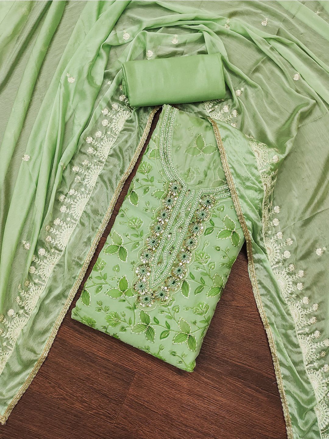 

Lilots Floral Printed Sequinned Organza Unstitched Dress Material, Green
