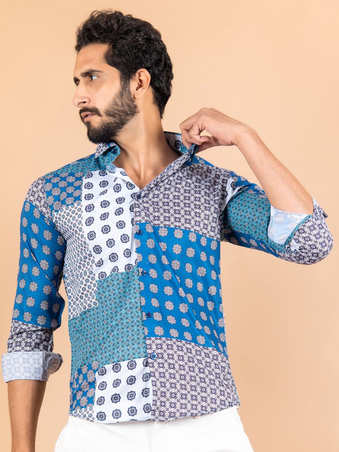 

Tistabene Men Standard Spread Collar Conversational Printed Crepe Casual Shirt, Blue