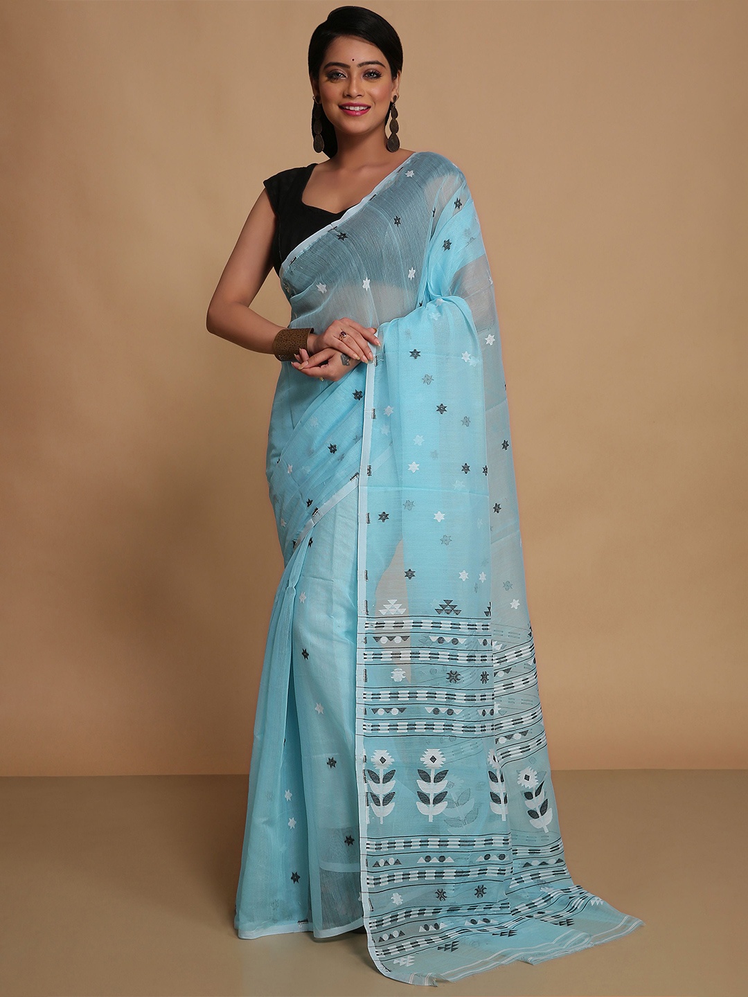 

BENGAL HANDLOOM Women Woven Design Taant Saree, Turquoise blue