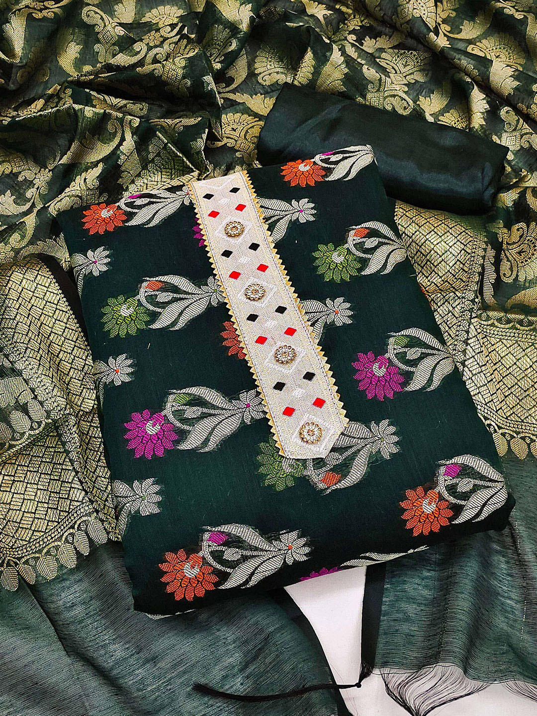 

Ishin Floral Woven Design Zari Unstitched Dress Material, Green