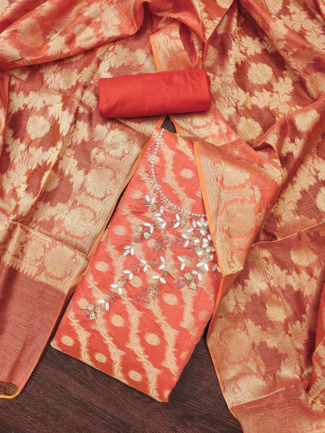 

Lilots Floral Woven Design Beads & Stones Unstitched Dress Material, Red