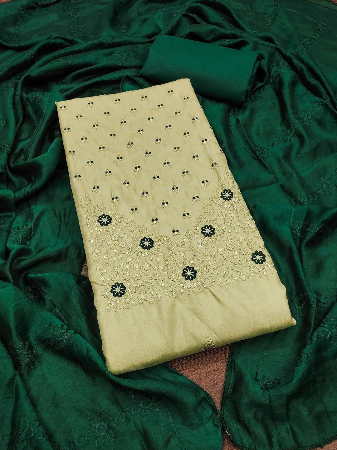 

APNISHA Embroidered Thread Work Pure Silk Unstitched Dress Material, Lime green