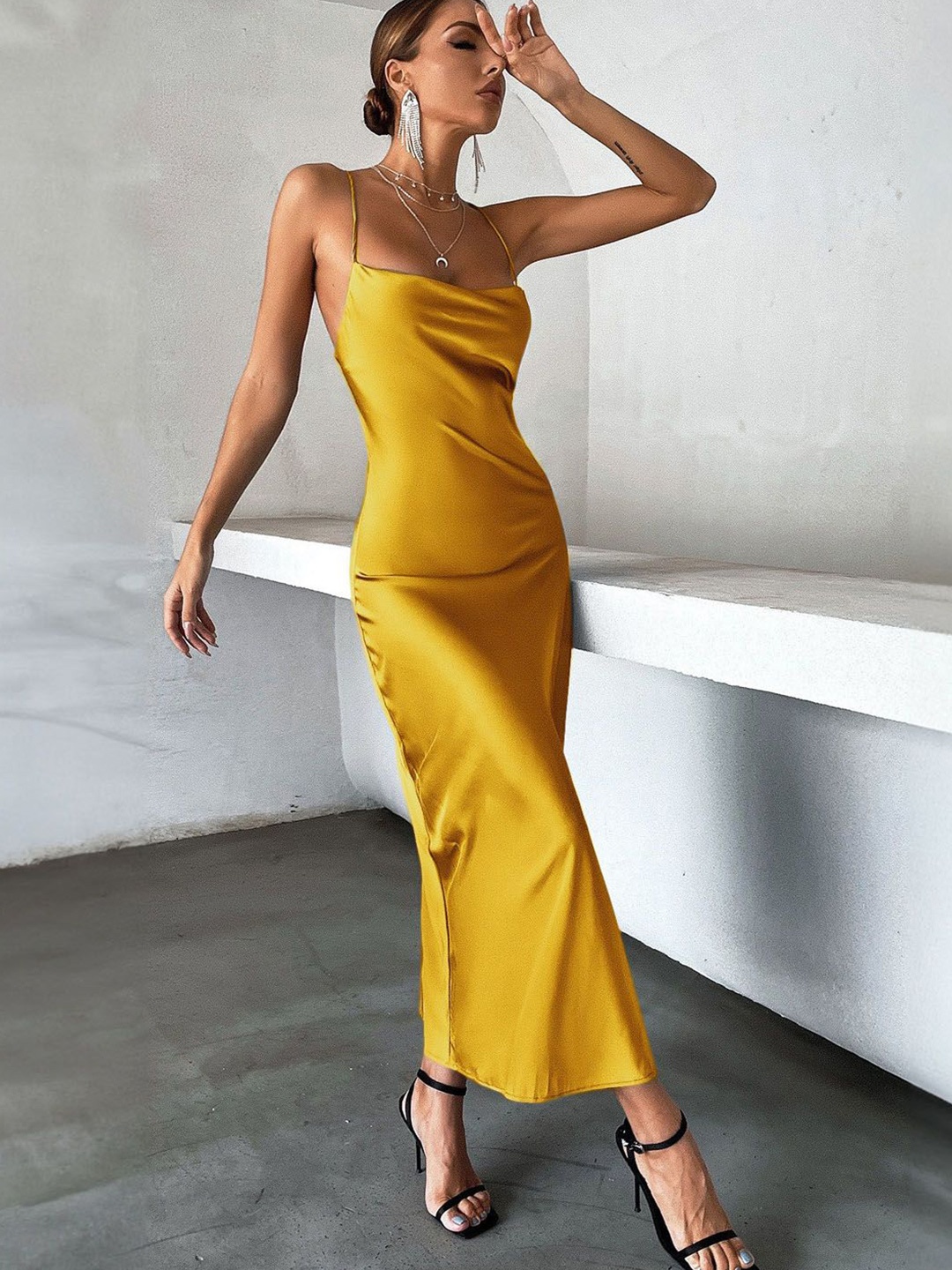 

StyleCast Solid Tie-Up Neck Sheath Maxi Dress, Gold