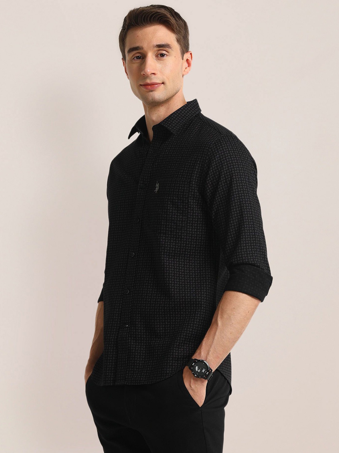 

U.S. Polo Assn. Men Modern Spread Collar Micro Ditsy Printed Cotton Slim Fit Casual Shirt, Black