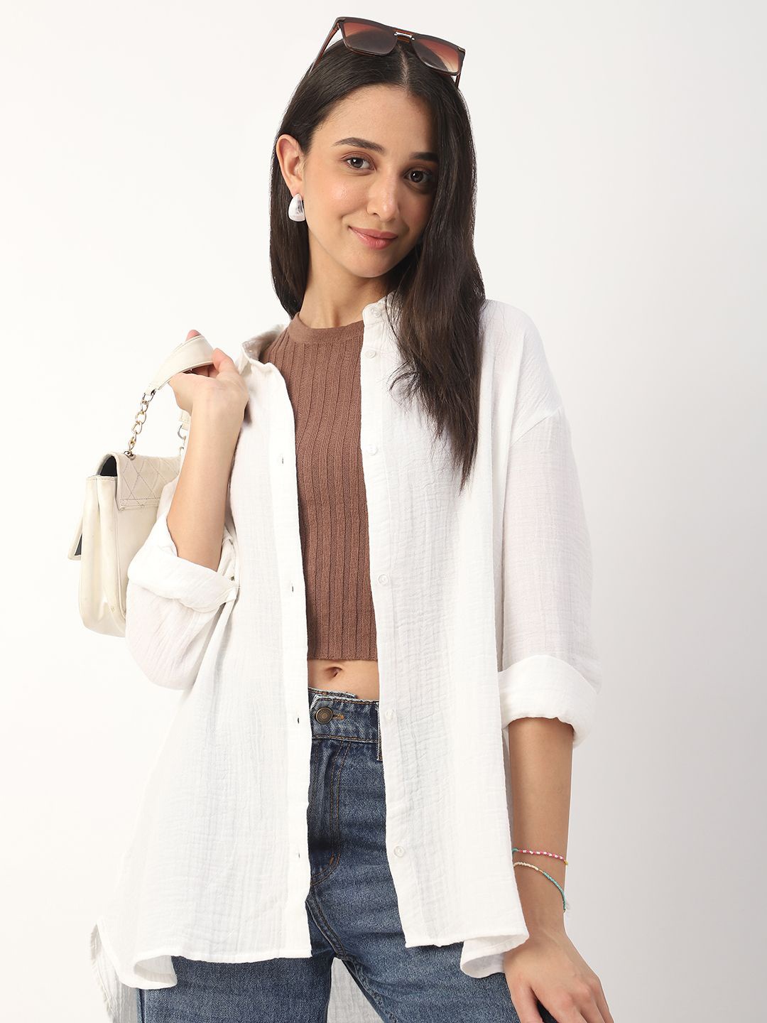 

VASTRADO Women Classic Cutaway Collar Solid Cotton Oversized Casual Shirt, White