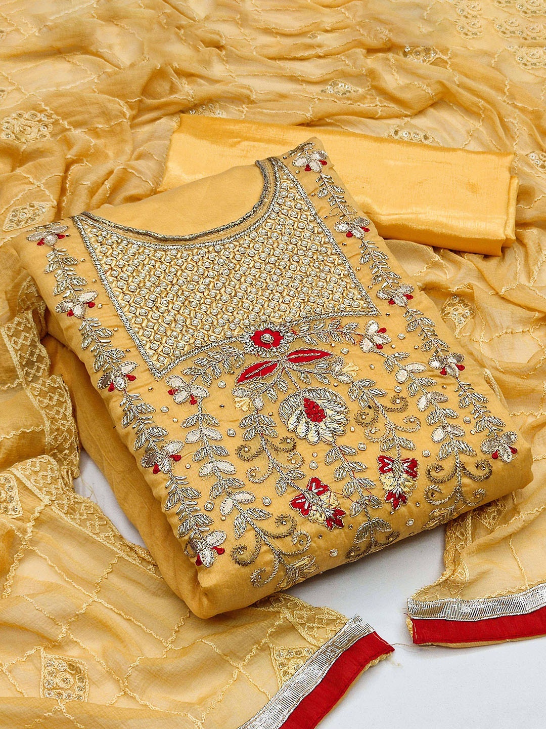

Ishin Ethnic Motifs Embroidered Zari Work Unstitched Dress Material, Yellow