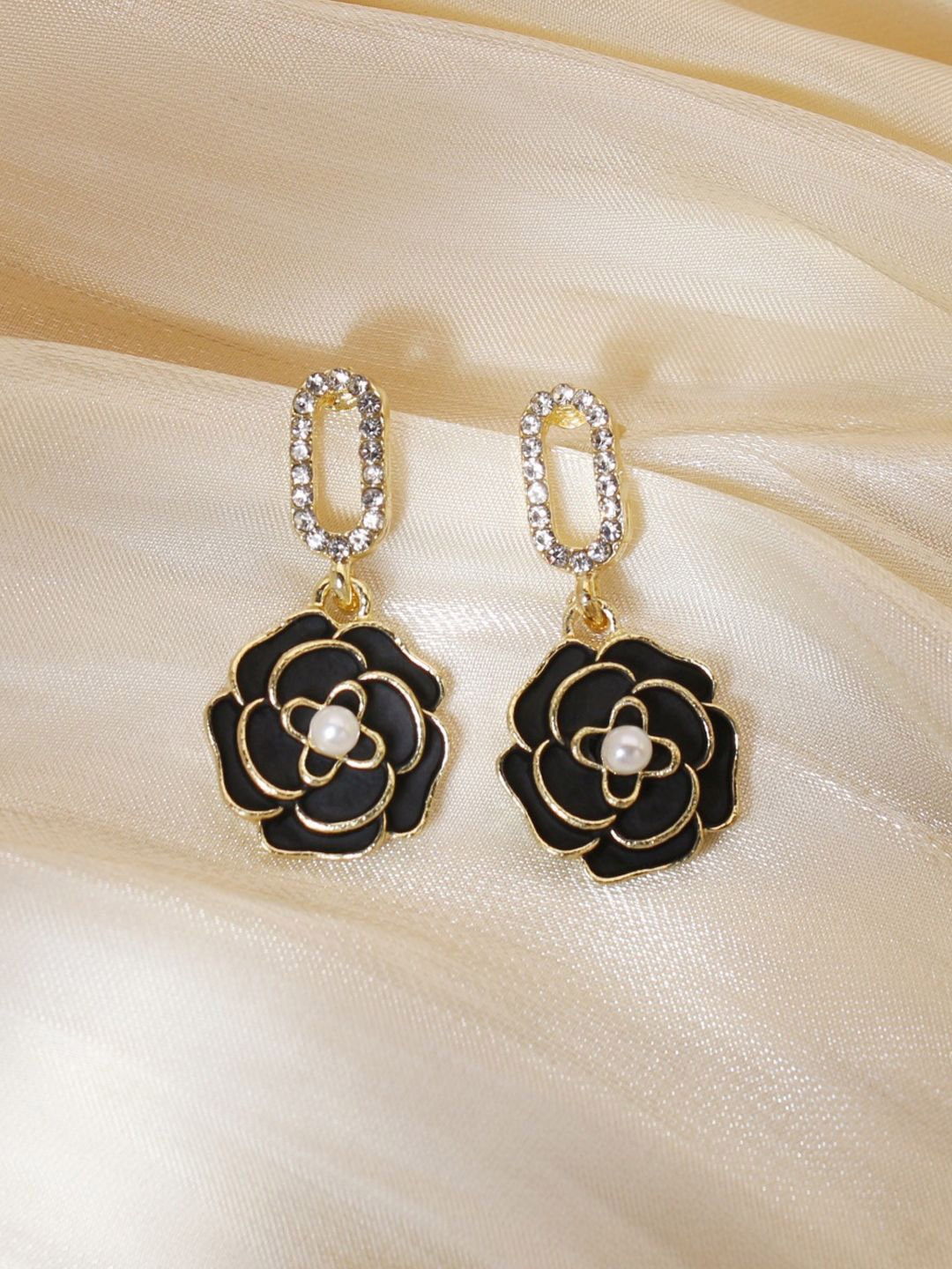 

VAGHBHATT Gold-Plated Contemporary Rhinestone Drop Earrings, Black