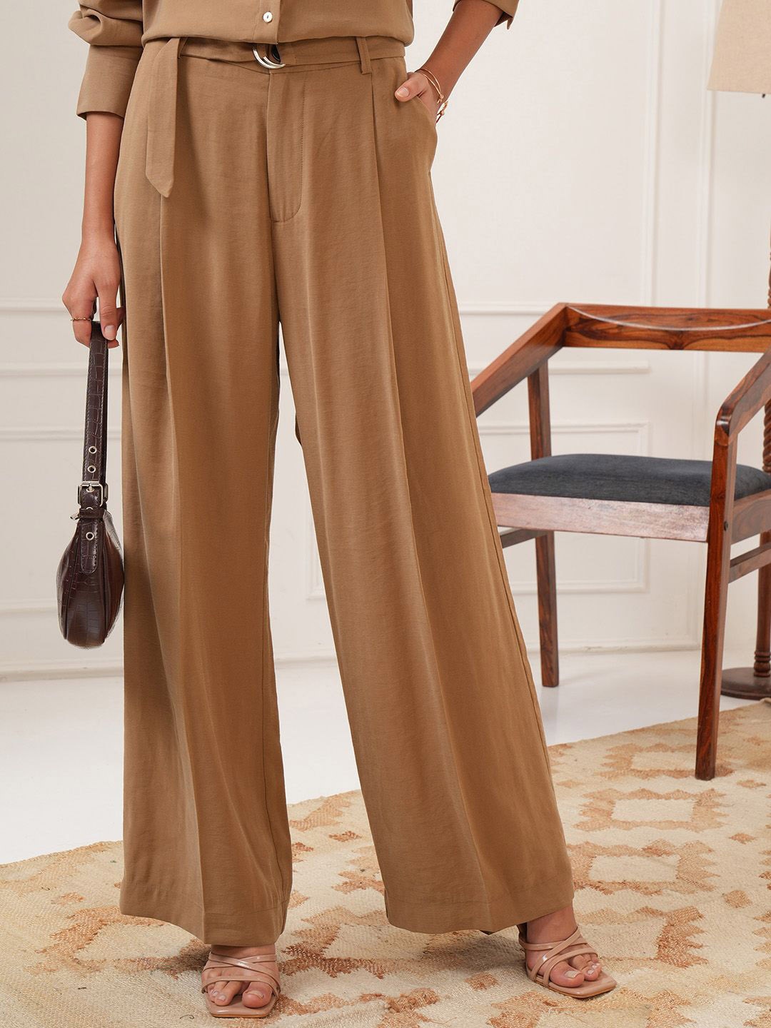 

Tokyo Talkies Women Flared Pleated Trousers, Taupe