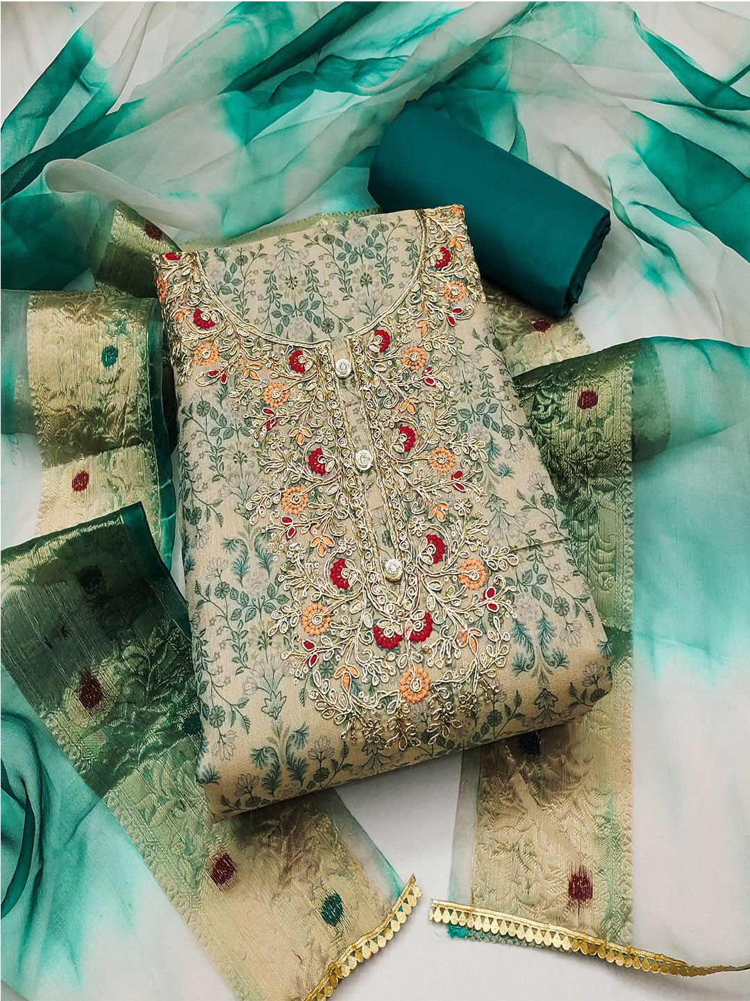 

Lilots Floral Printed Beads and Stones Unstitched Dress Material, Green