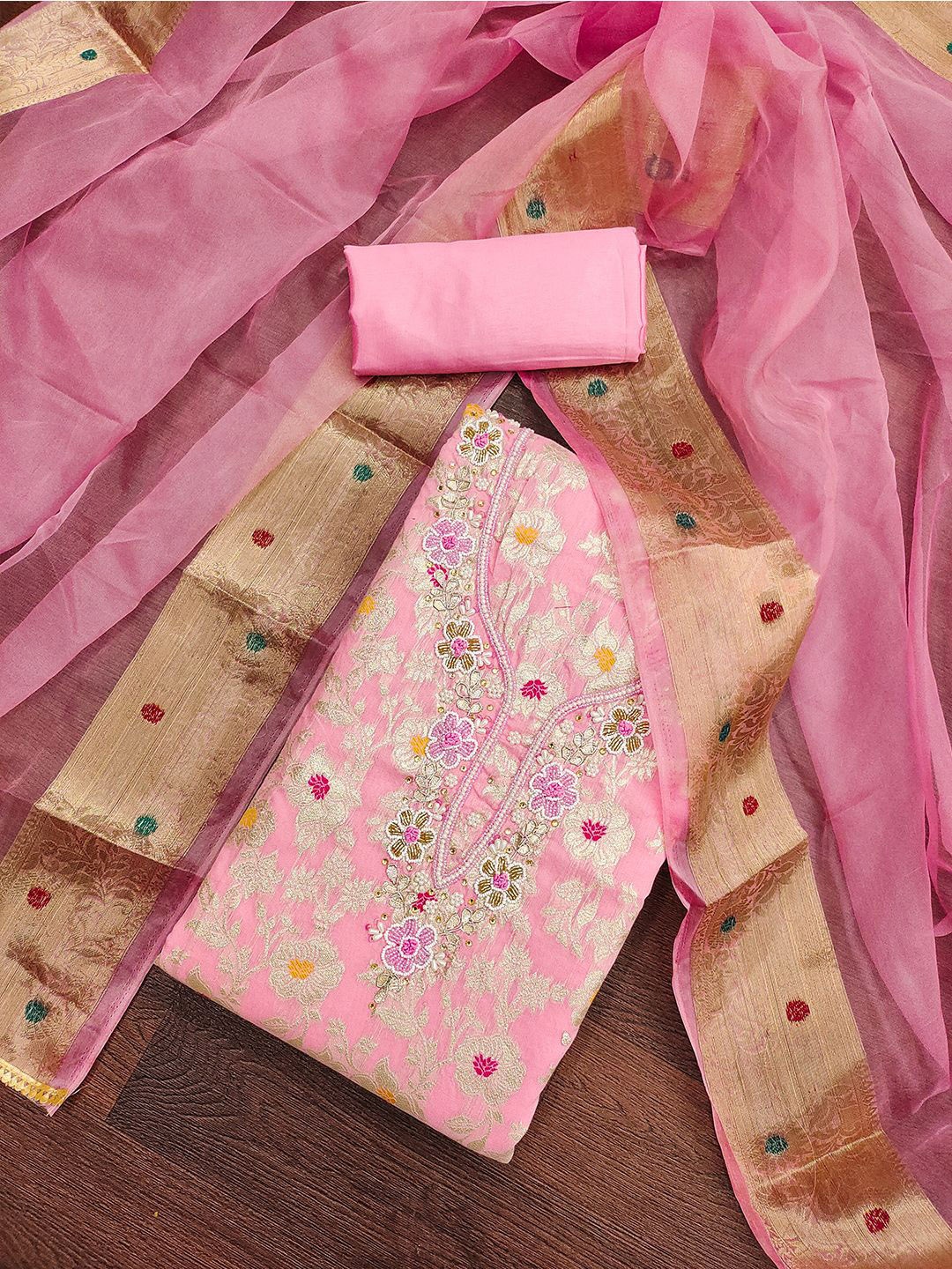 

Lilots Floral Woven Design Beads and Stones Banarasi Cotton Silk Unstitched Dress Material, Pink