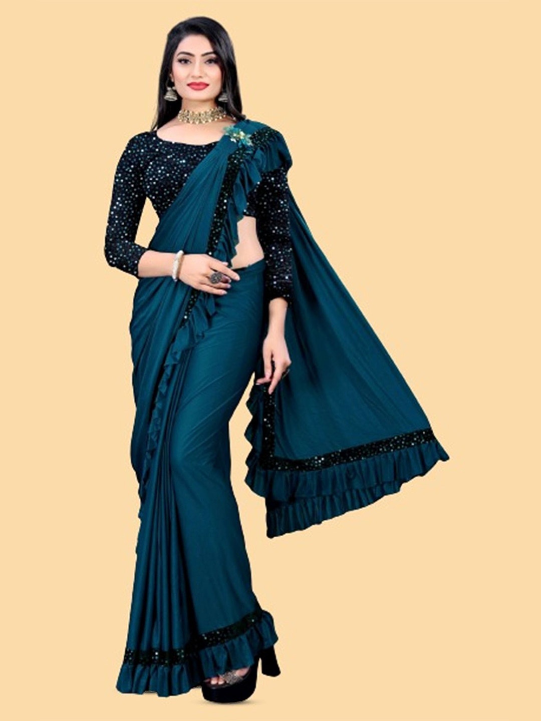 

Aika Ready to Wear Sequinned Embellished saree with blouse piece, Teal