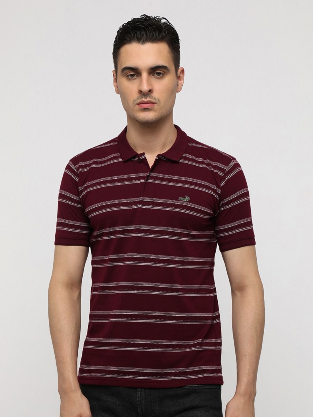 

Crocodile Men Striped Polo Collar Cotton Slim Fit T-Shirt, Maroon