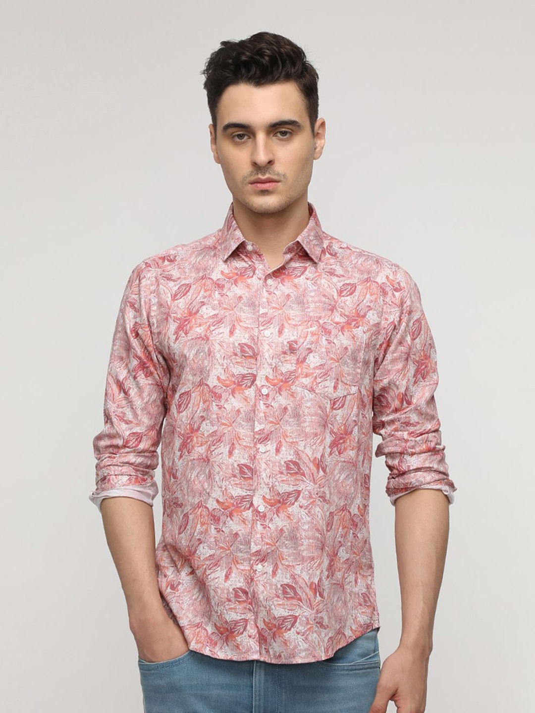 

Crocodile Men Comfort Spread Collar Floral Printed Cotton Casual Shirt, Orange