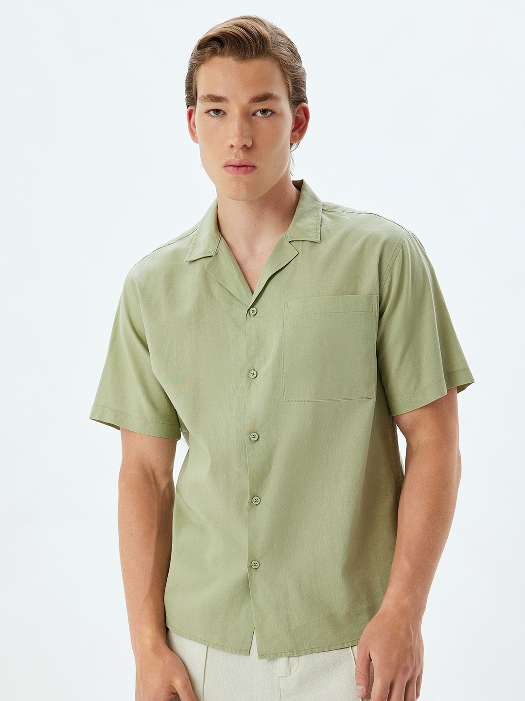 

Koton Men Cuban Collar Solid Linen Casual Shirt, Green