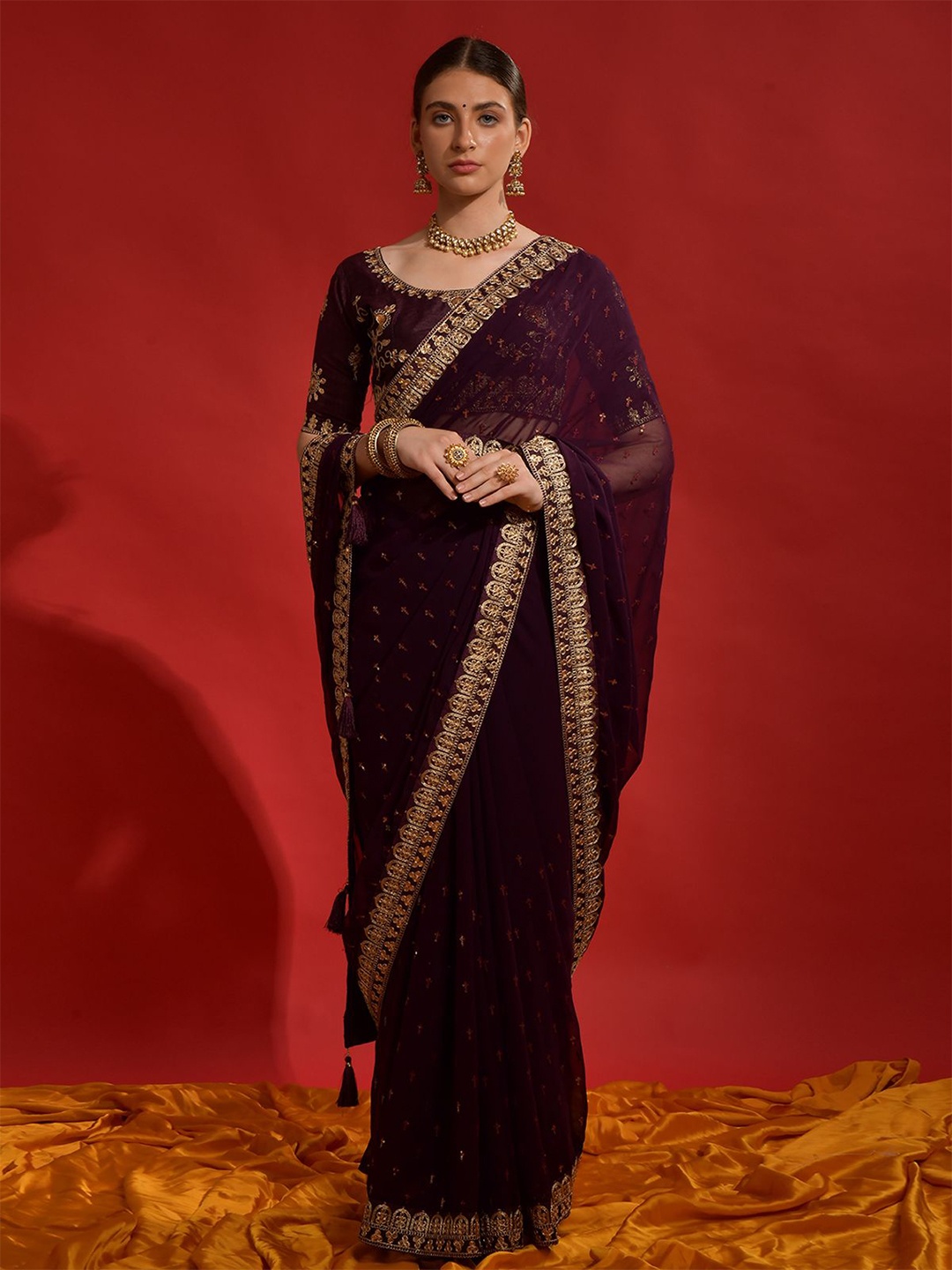

ODETTE Ethnic Motif Sequinned Poly Georgette Saree, Maroon