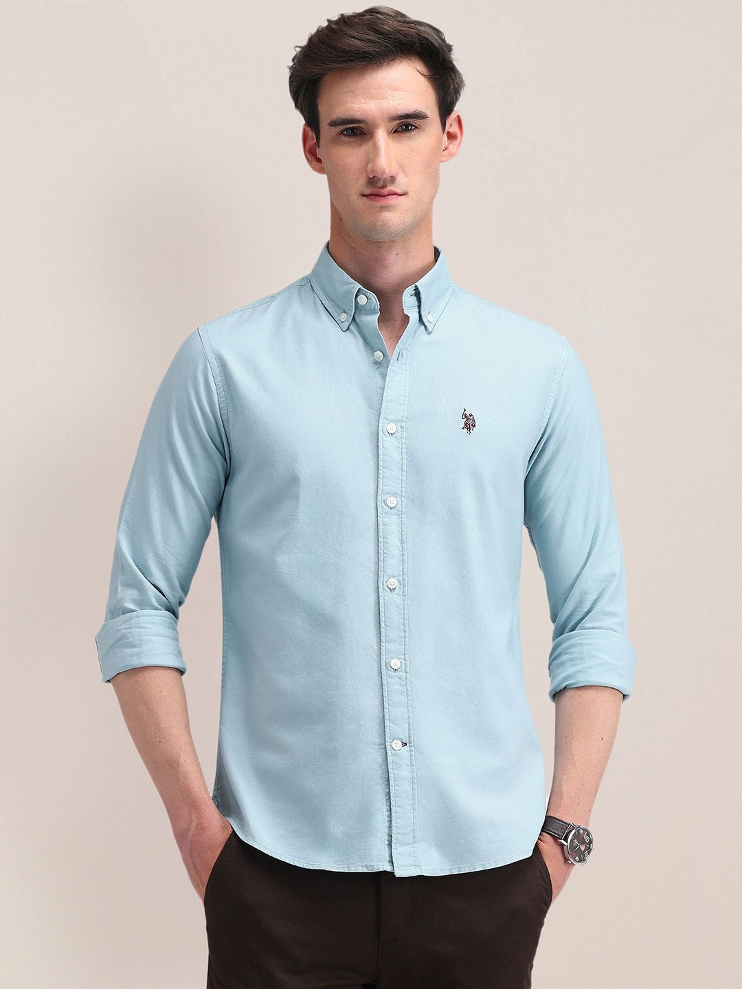 

U.S. Polo Assn. Men Modern Button-Down Collar Solid Cotton Slim Fit Casual Shirt, Blue