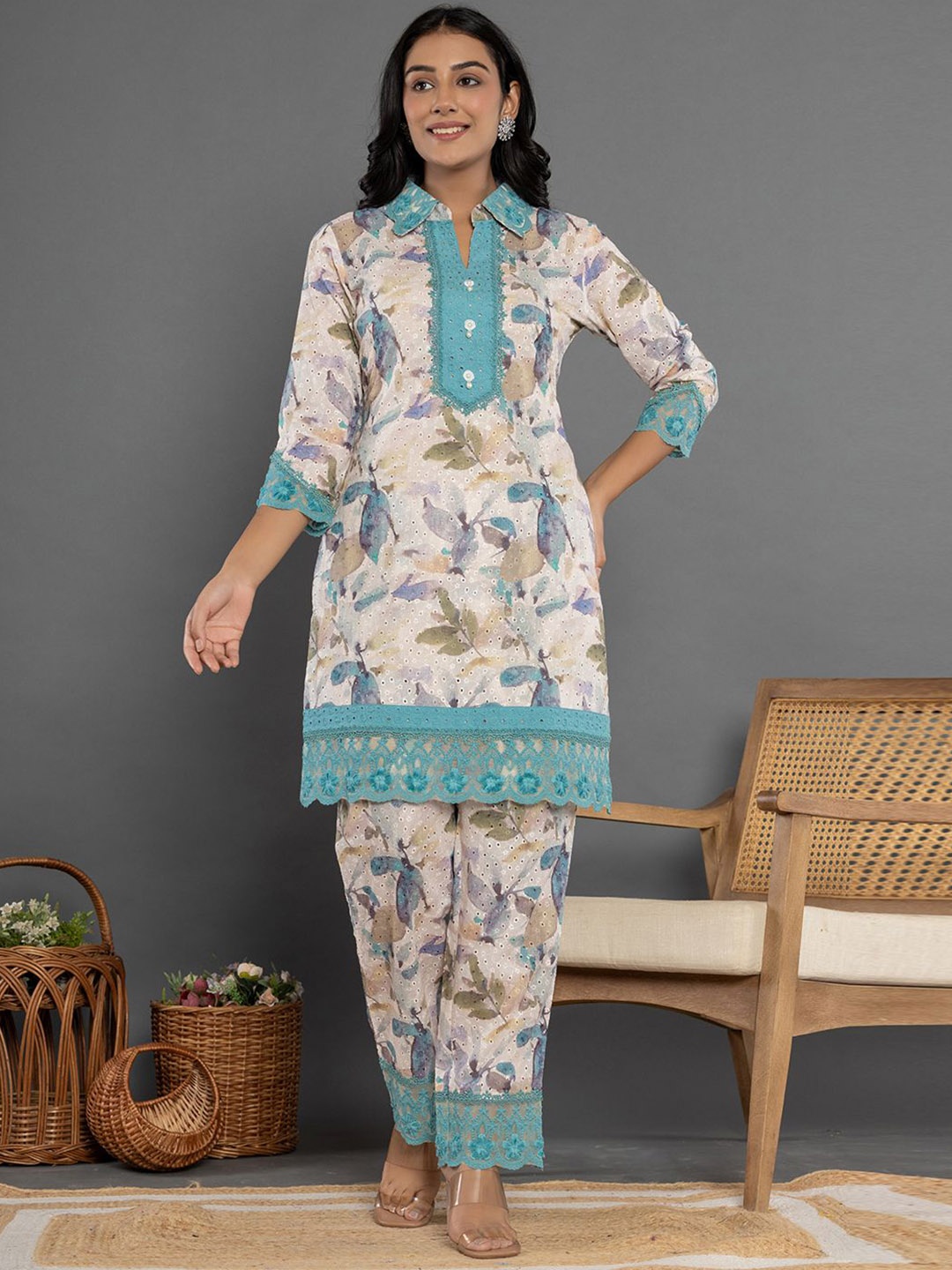 

Yufta Floral Printed Shirt Collar Pure Cotton Tunic With Trousers, Turquoise blue