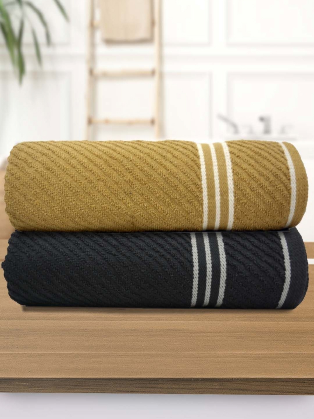 

Aura Athom Living Beige & Black 2 Pieces Cotton 400 GSM Bath Towel