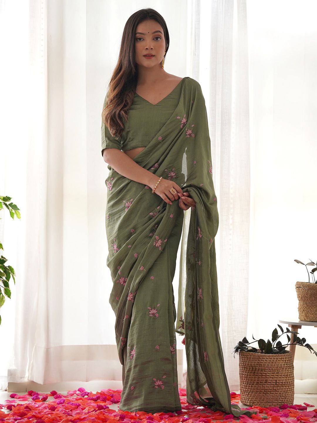 

KALINI Floral Embroidered Silk Blend Saree, Olive