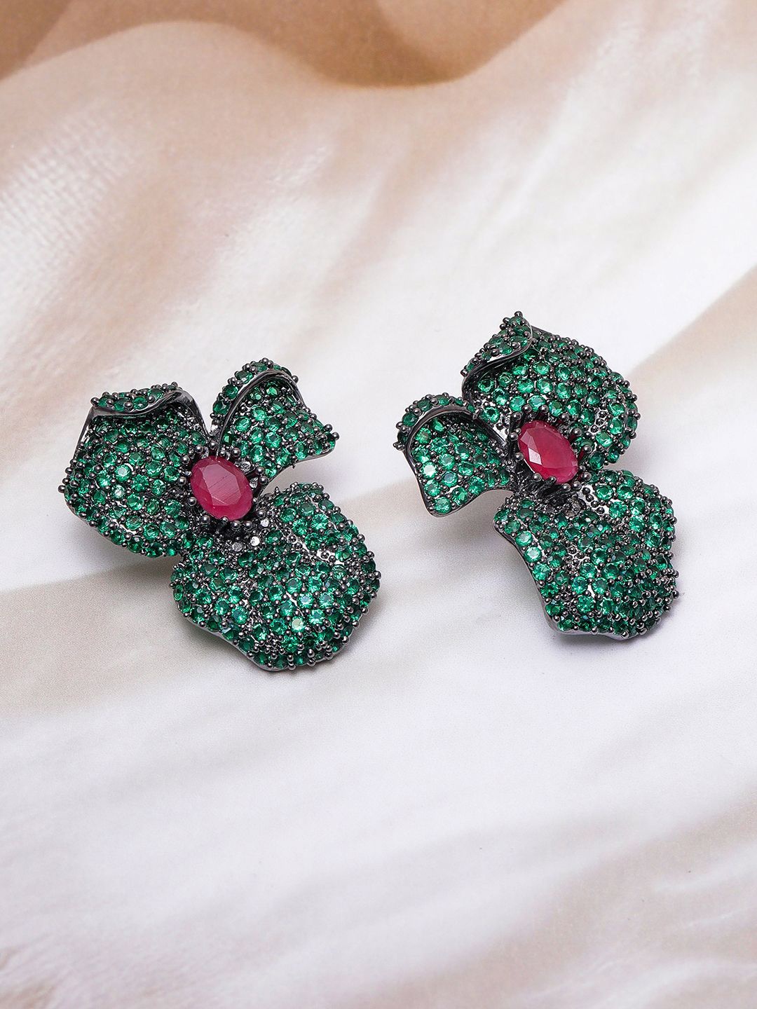 

Rubans Rhodium-Plated Emerald & Ruby AD & Cubic Zirconia Studded Oversized Floral Studs, Silver