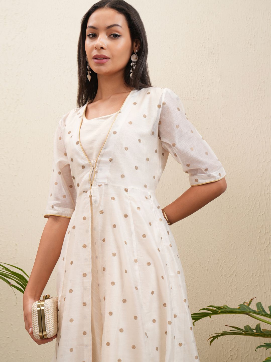 

Vishudh Polka Dot Print A-Line Maxi Dress, Cream
