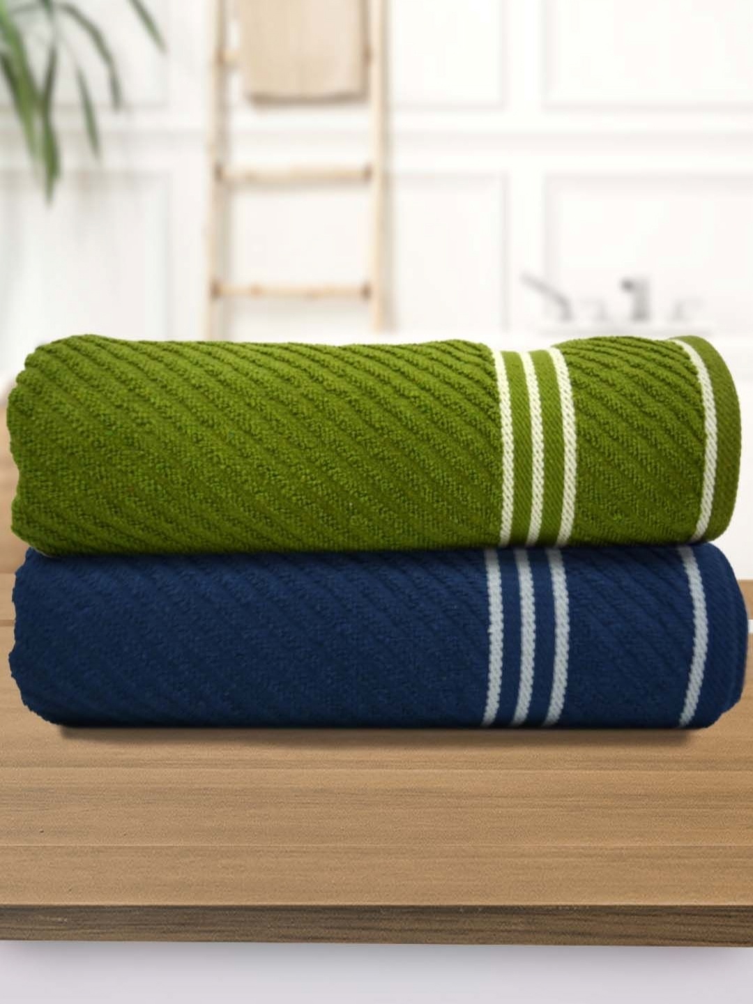 

Aura Athom Living Green & Navy Blue 2 Pieces Striped 400 GSM Bath Towel