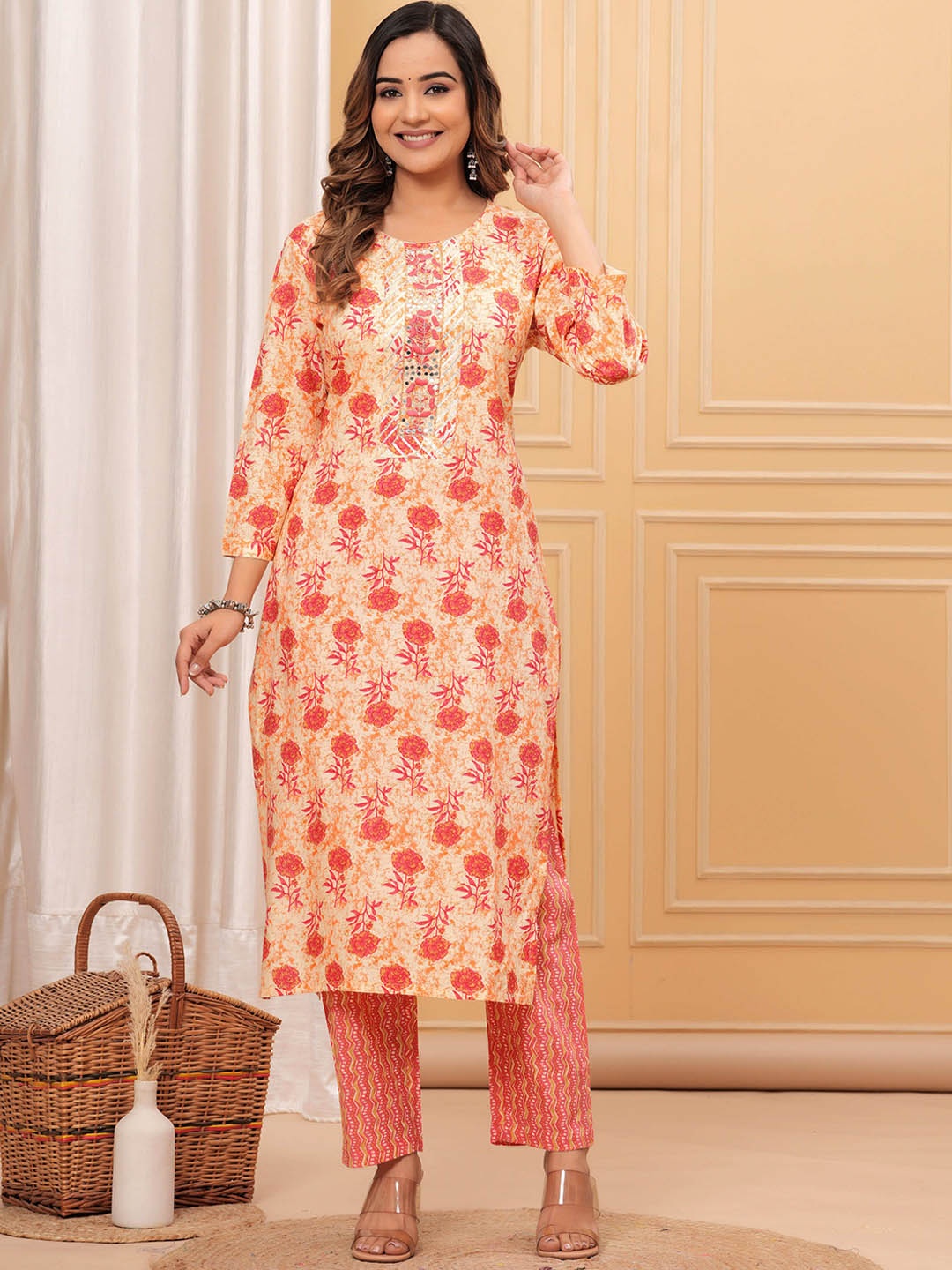

KALINI Floral Printed Pure Cotton Straight Kurta with Palazzos, Orange