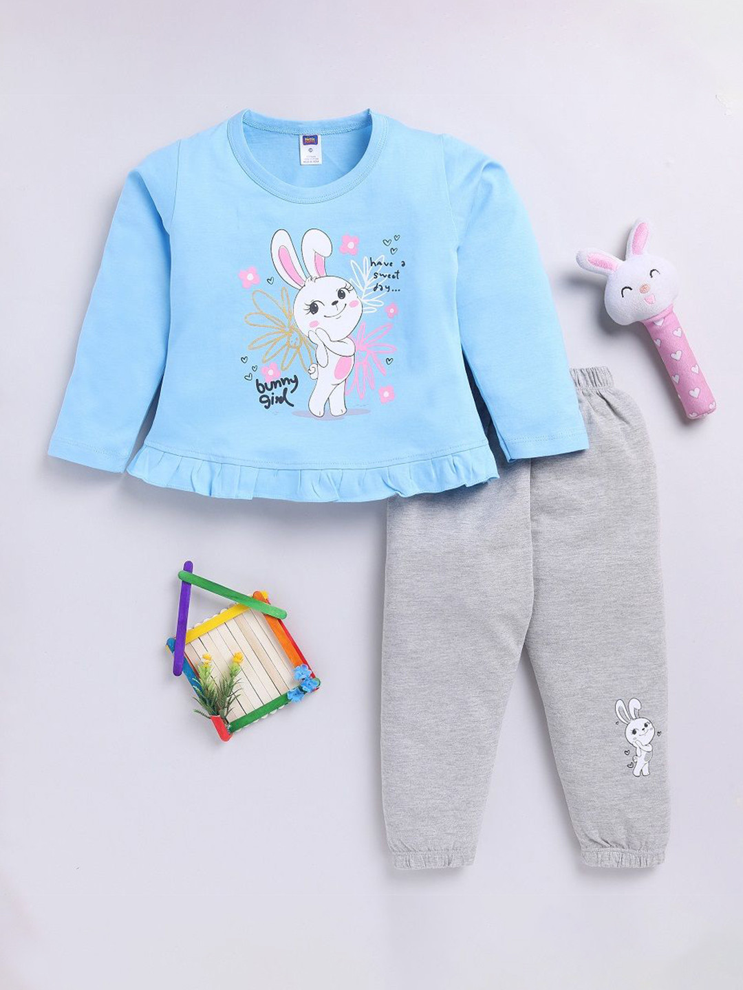 

Nottie Planet Girls Rabbit Printed Pure Cotton T-shirt with Joggers, Blue