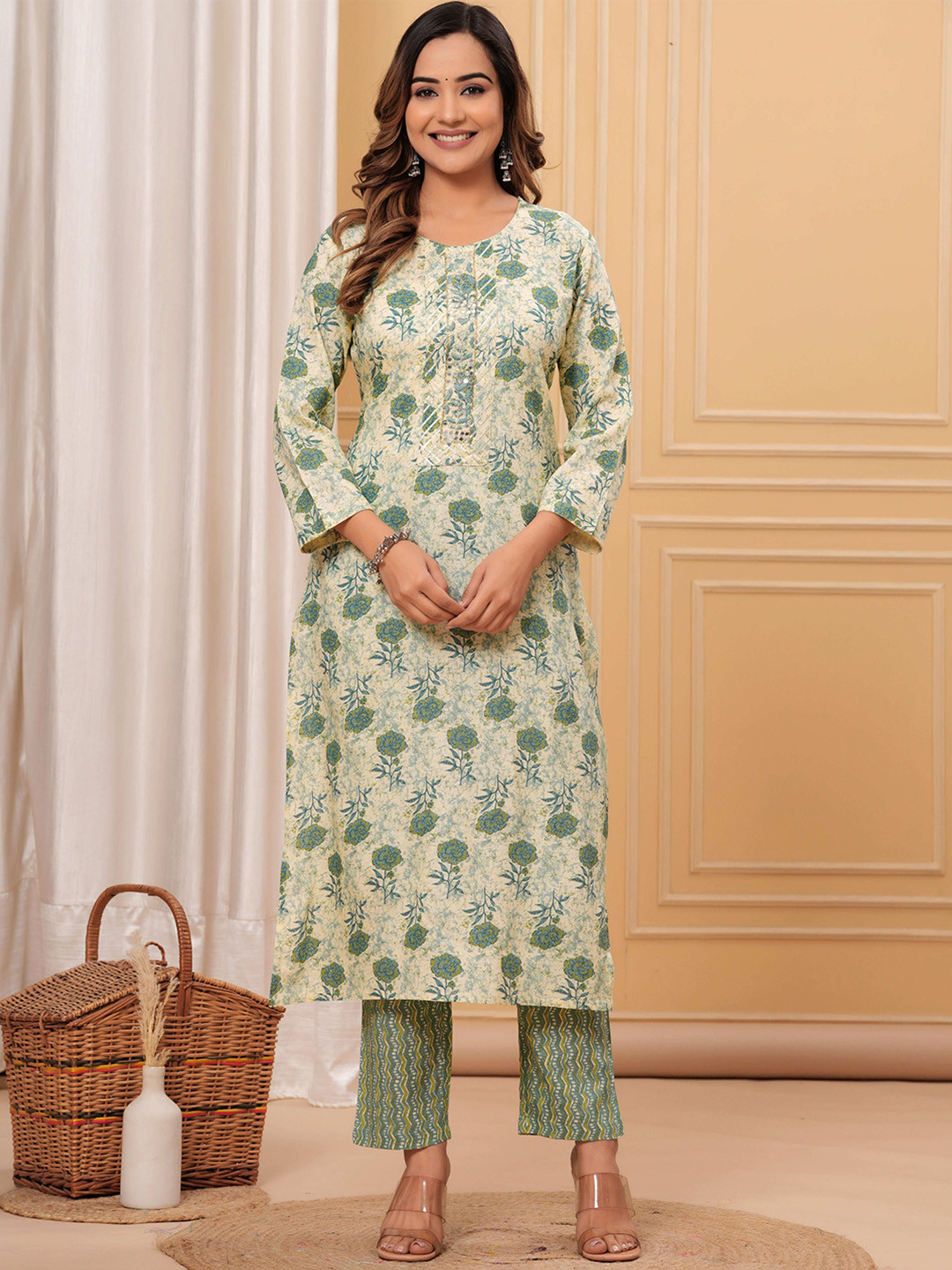 

KALINI Floral Printed Pure Cotton Straight Kurta with Palazzos, Green