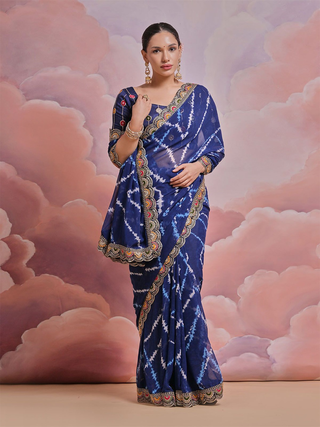 

ODETTE Sequinned Poly Georgette Saree, Navy blue