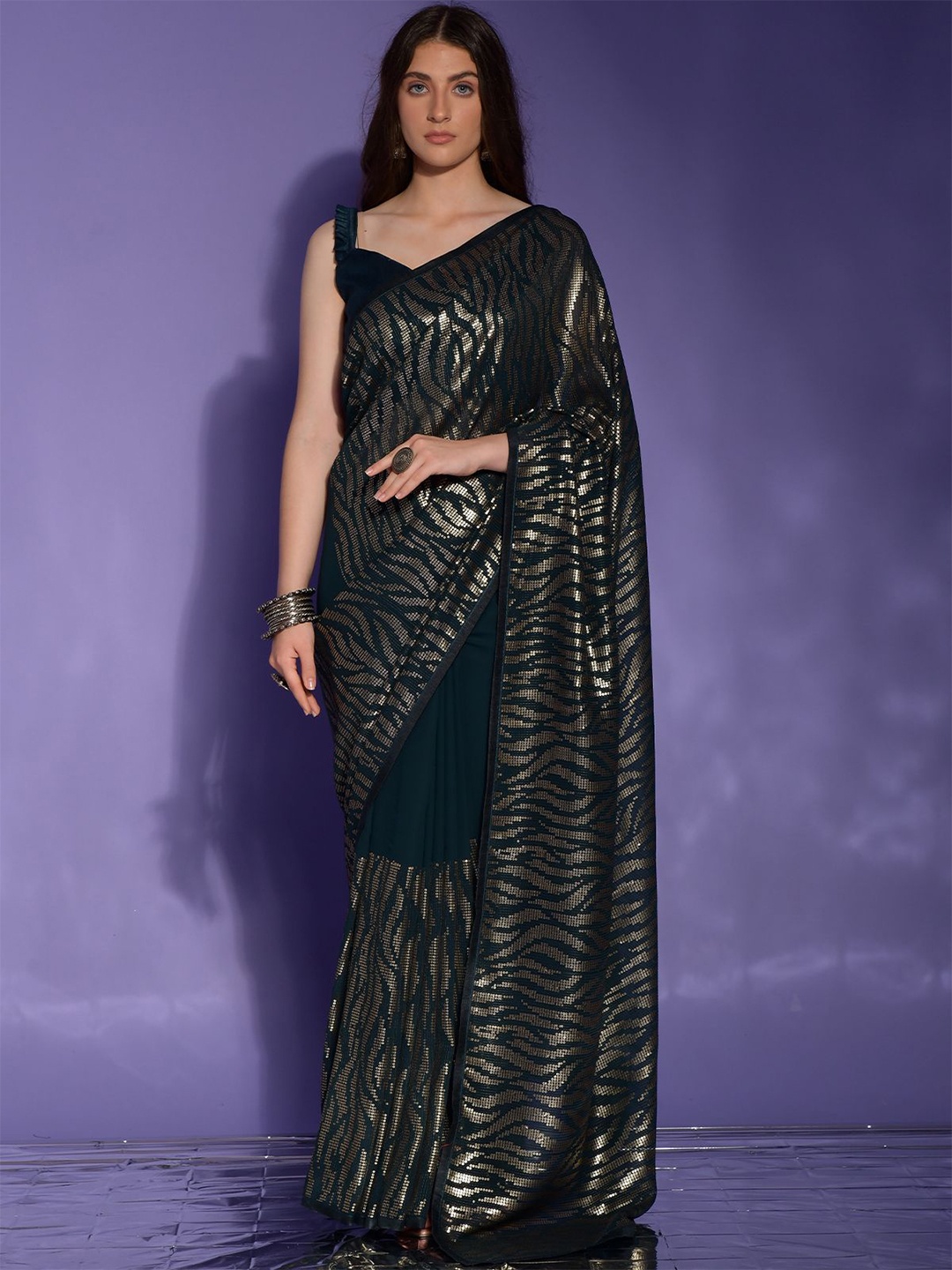 

ODETTE Sequinned Poly Georgette Saree, Green