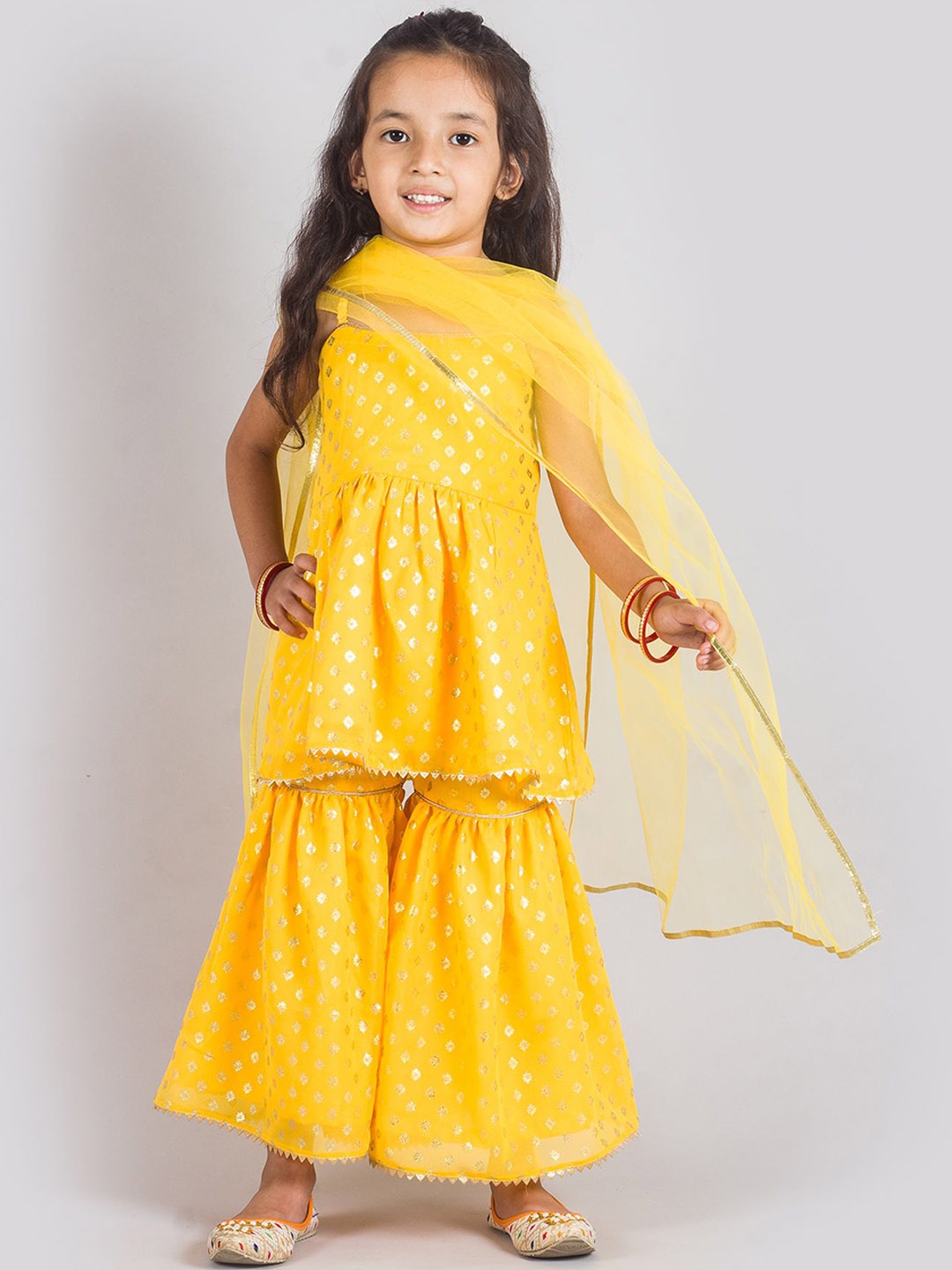 

Tangerine Closet Girls Ethnic Motifs Woven Design Anarkali Top With Sharara & Dupatta, Yellow