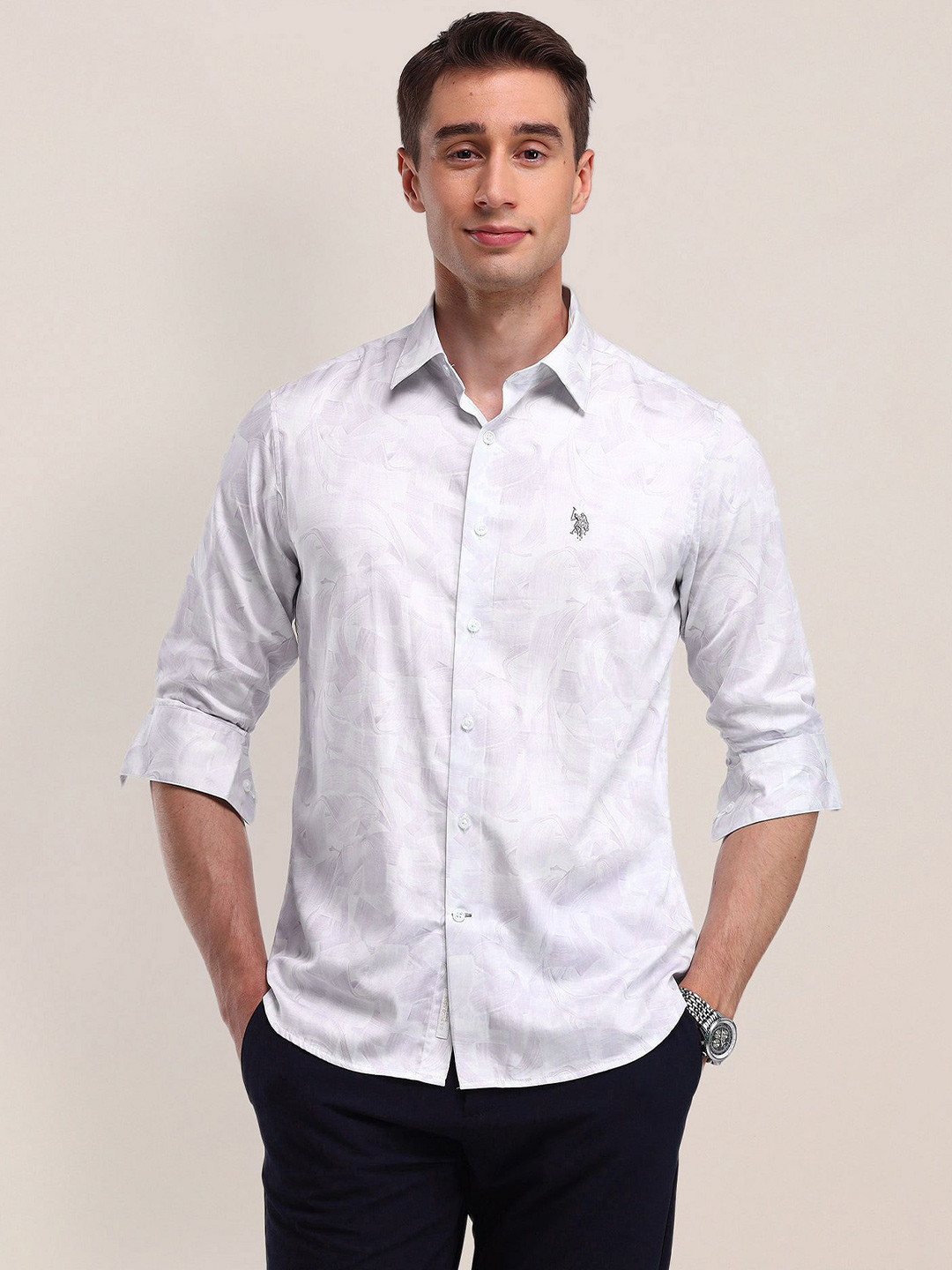

U.S. Polo Assn. Men Modern Spread Collar Abstract Printed Cotton Slim Fit Casual Shirt, Purple